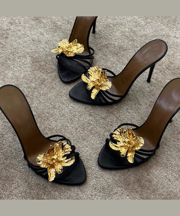 Splicing Floral Slide Sandals Faux Black Stiletto Leather