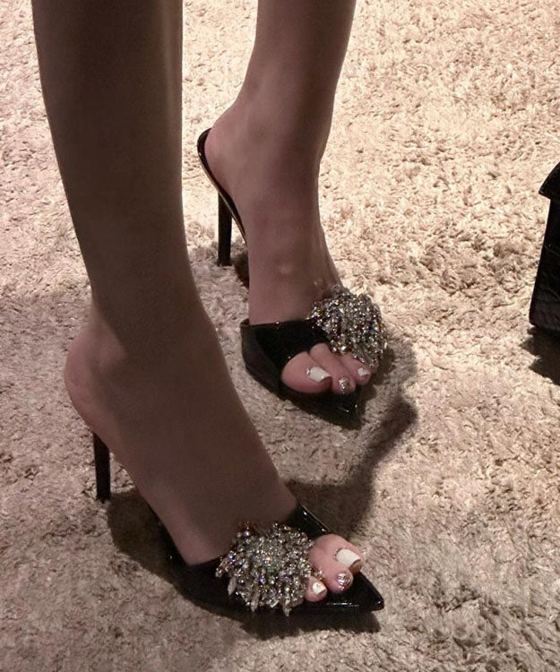 Leather Zircon Sandals Faux Black Stiletto Slide