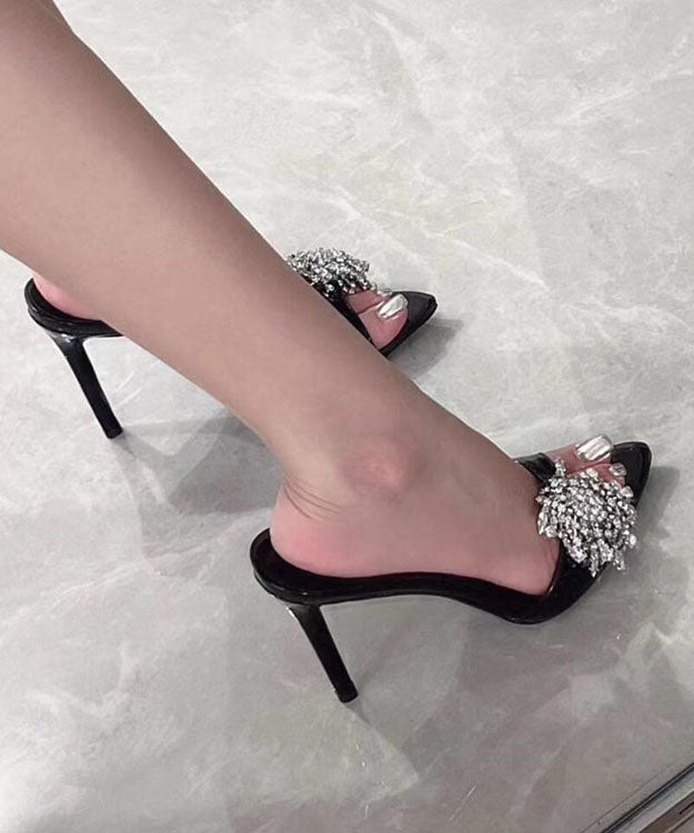Leather Zircon Sandals Faux Black Stiletto Slide