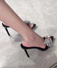 Leather Zircon Sandals Faux Black Stiletto Slide