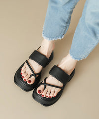 Black Thong Sandals Platform Faux Leather Splicing