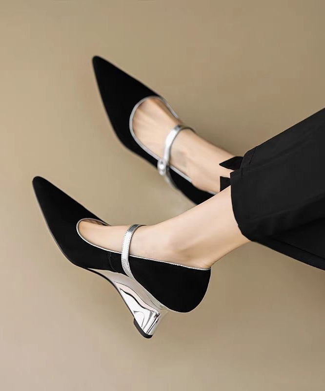 Heels Shoes Strap Black Fitted Wedge Buckle Suede Splicing