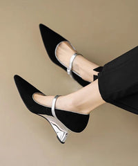 Heels Shoes Strap Black Fitted Wedge Buckle Suede Splicing