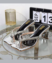 Black Zircon Tassel Chunky Heel Thong Sandals