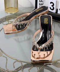 Black Zircon Tassel Chunky Heel Thong Sandals
