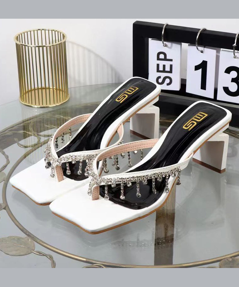 Black Zircon Tassel Chunky Heel Thong Sandals