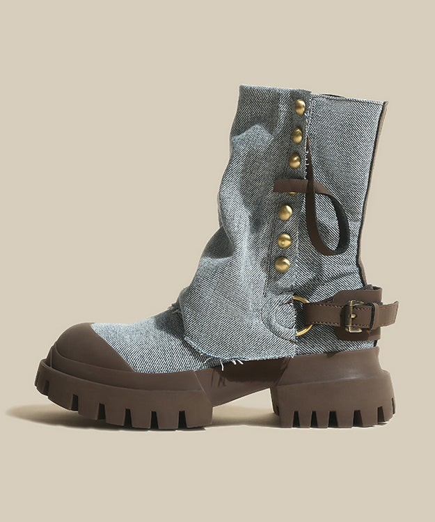 Cowhide Leather Denim Platform Boots Splicing Blue