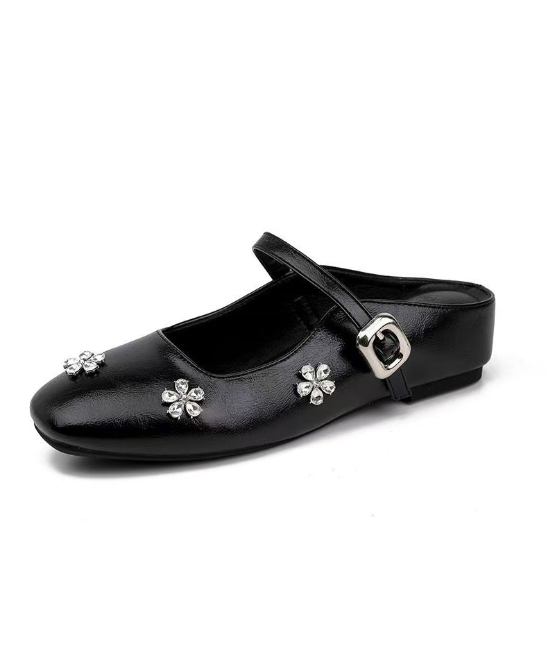 Splicing Slide Black Faux Sandals Zircon Wedge Boutique Leather