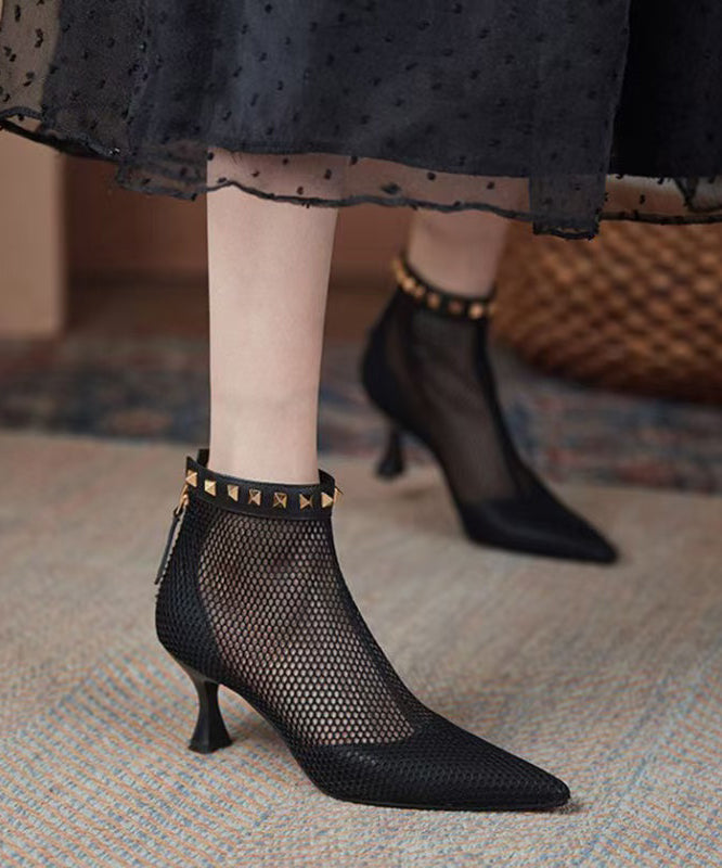 Pointed Splicing Mesh Black Toe Rivet Breathable Boots