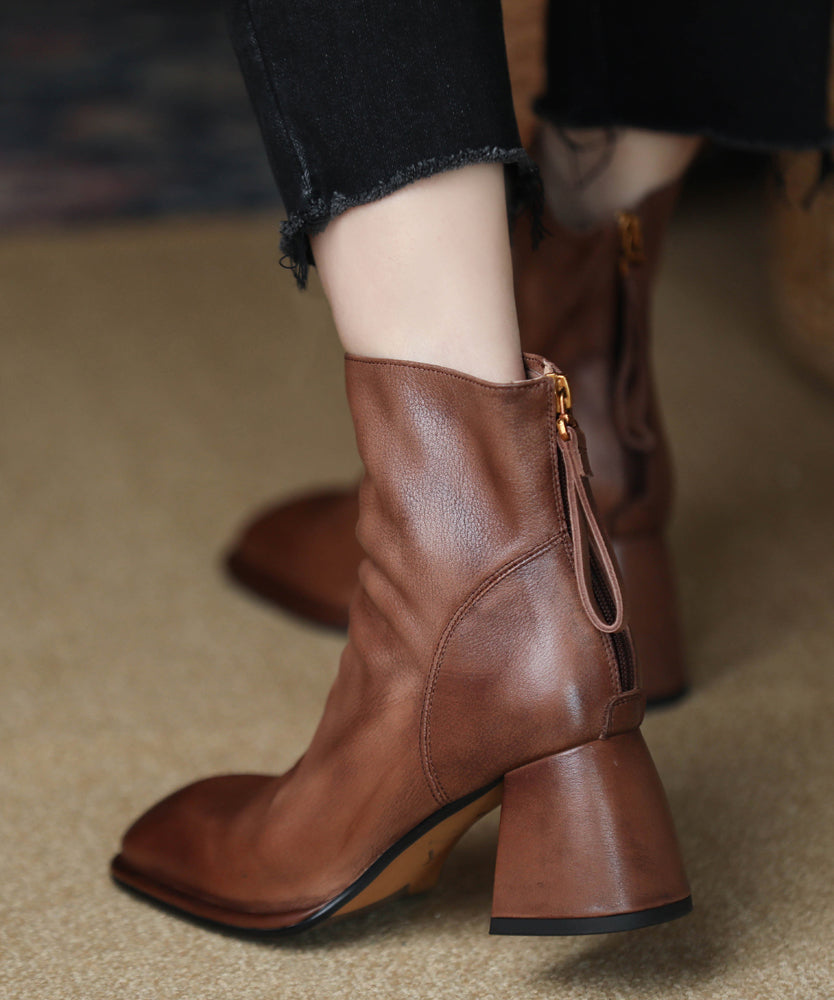 Brown Boots Chunky Cowhide Leather Splicing Zippered