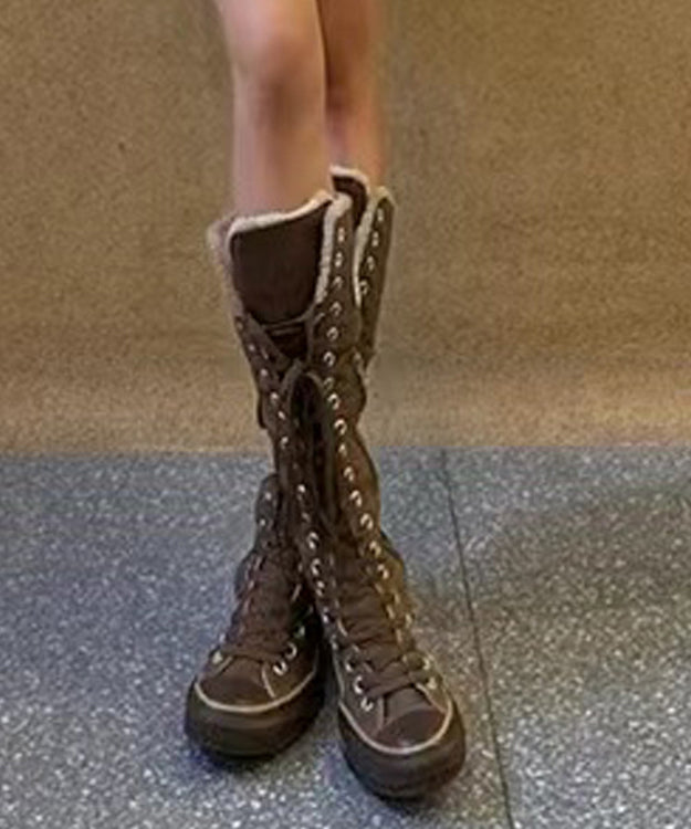 Brown Canvas Lace Up Splicing Boots Fuzzy Wool Lined