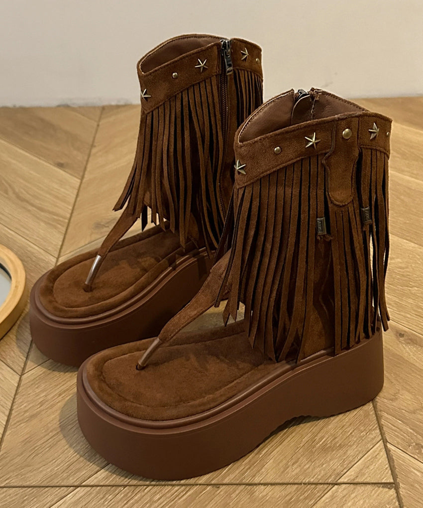 Brown Platform Rivet Tassel Roman Thong Sandals For's