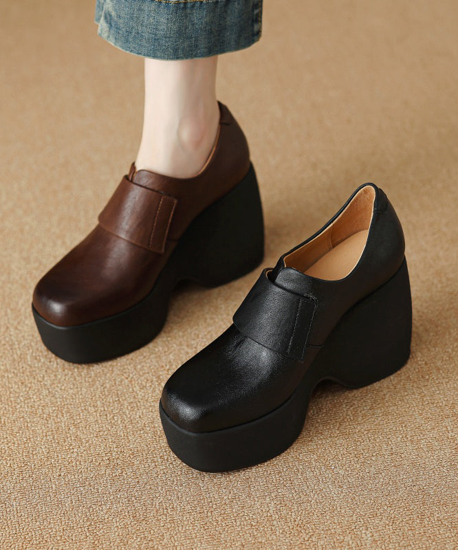 Brown Wedge Heels Platform Cowhide Leather Splicing