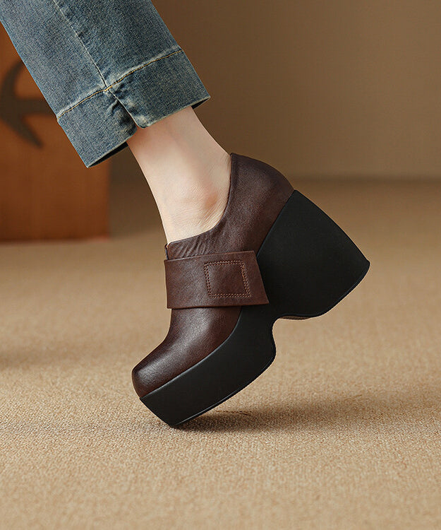 Brown Wedge Heels Platform Cowhide Leather Splicing