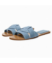 Slippers Flat Peep Toes Cross Denim Casual Toe Blue Strap