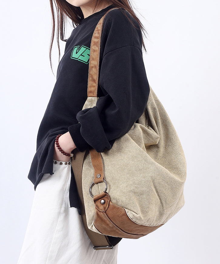 Casual Large Capacity Coffee Calf Leather Patchwork Canvas Satchel Bag Handbag