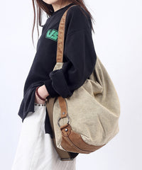 Casual Large Capacity Coffee Calf Leather Patchwork Canvas Satchel Bag Handbag