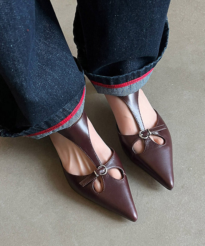 Hollow Chunky Splicing Out Brown Cowhide Sandals Leather Chic