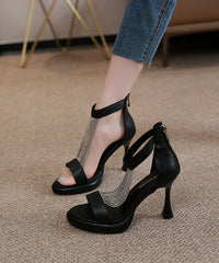 Zircon Beige Sandals High Leather Faux Chic Splicing Heel