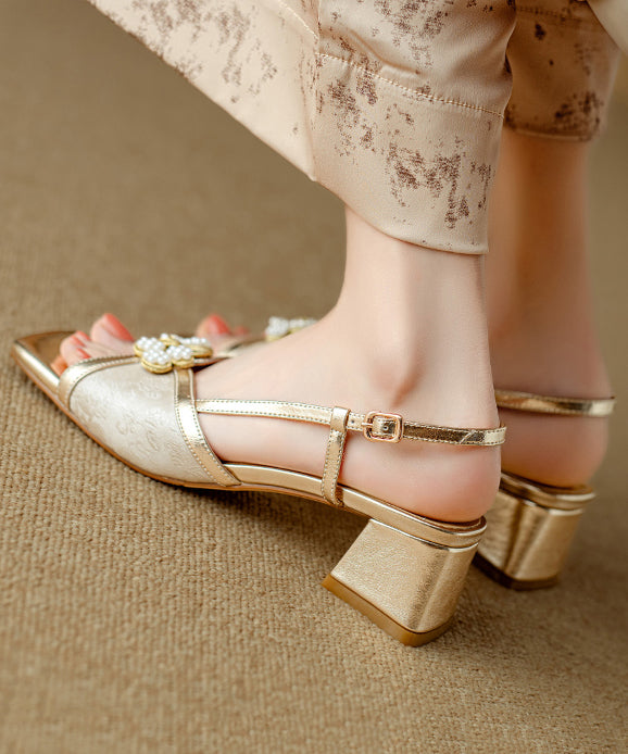 Chinese Style Chunky Sandals Green Cowhide Leather Peep Toe