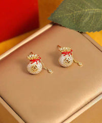 Copper 14K Gold Zircon Blessing Bag Tassel Stud Earrings