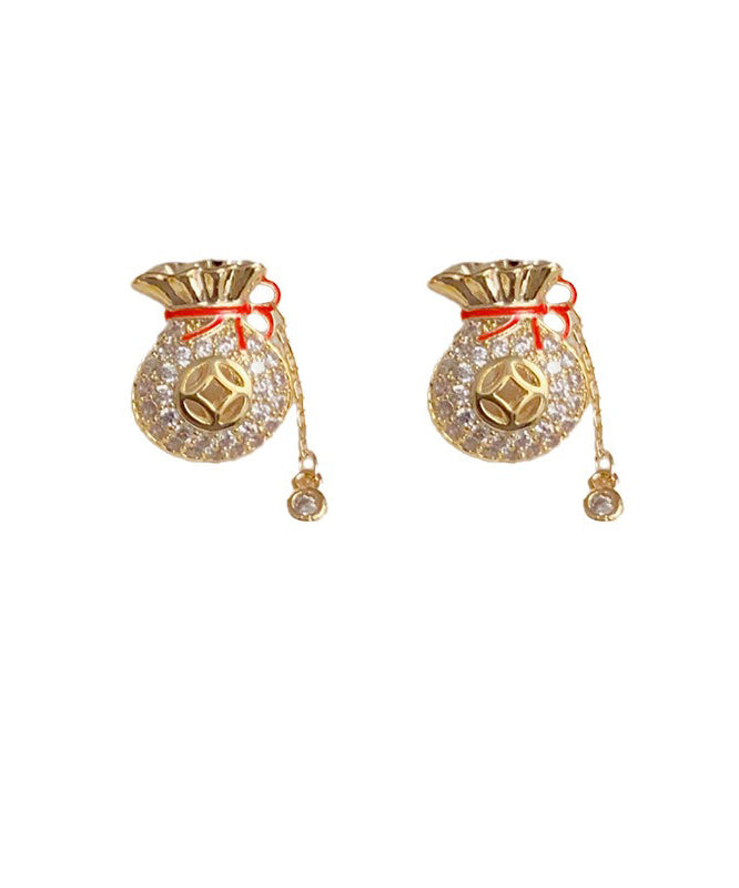 Copper 14K Gold Zircon Blessing Bag Tassel Stud Earrings