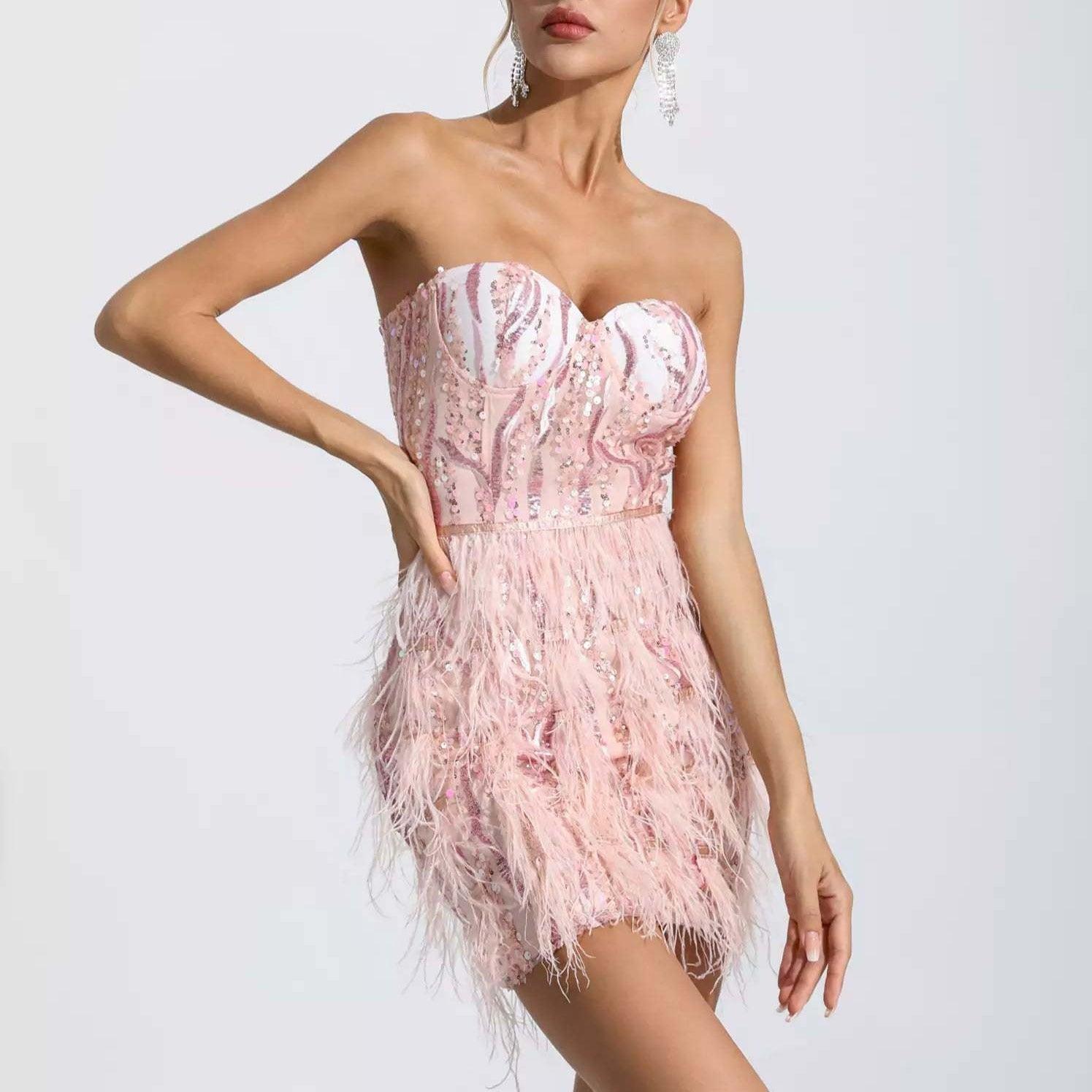 Envious Lies Sequin Feather Fringe Mini Dress