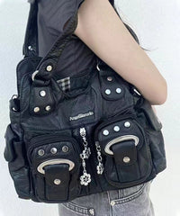 Fashion Black Rivet Faux Leather Satchel Handbag
