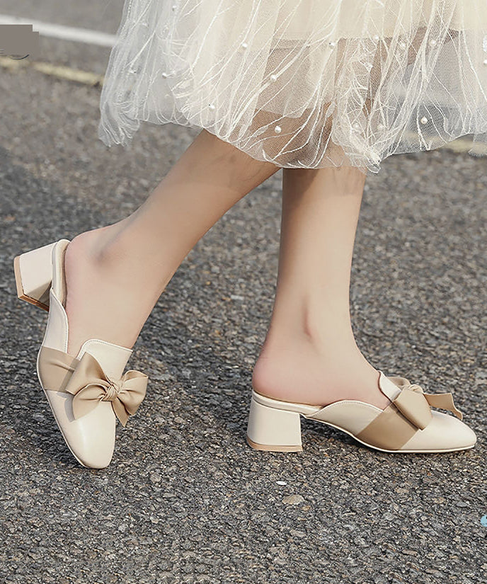 Bow Splicing Chunky Heel Beige Faux Leather