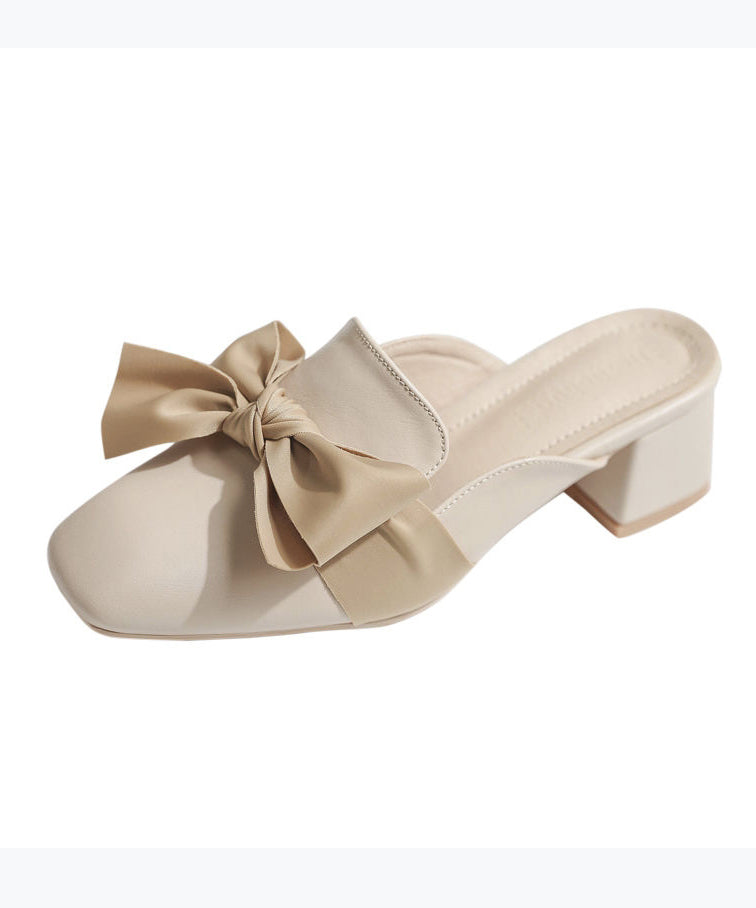 Bow Splicing Chunky Heel Beige Faux Leather