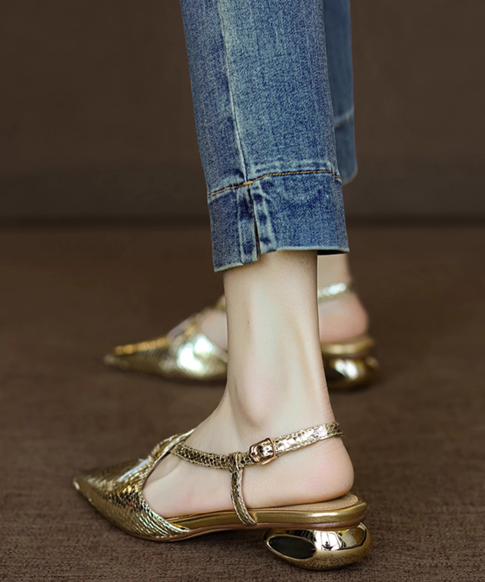 Gold Splicing Sandals Faux Leather Pointed Toe