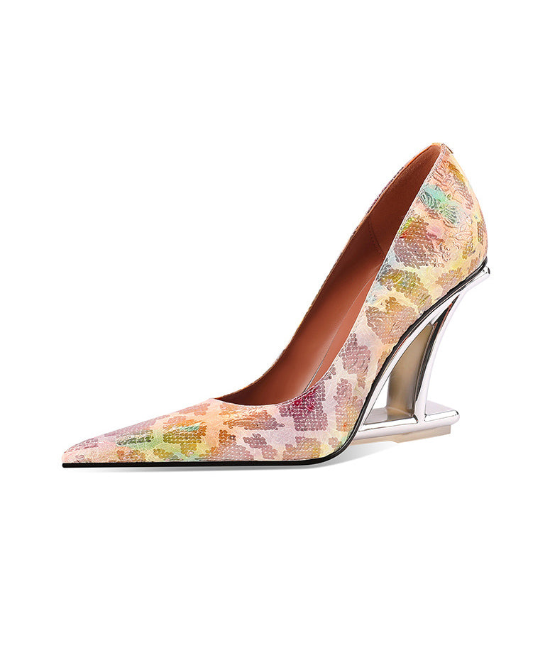 Pink Cowhide Leather Wedge Heels Embossed Pointed Toe