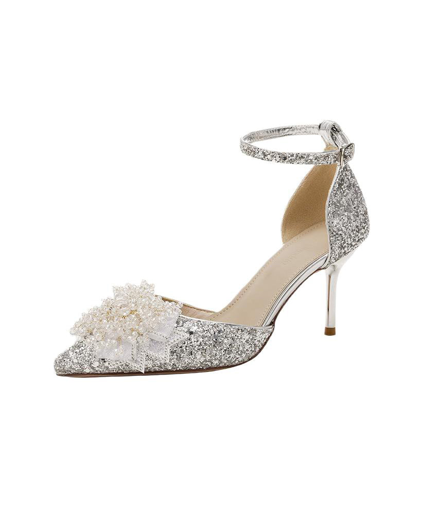 Splicing Sequins Pointed Silver Stiletto Heels High Toe
