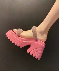 Soft Chunky Heel Pink Zircon Faux Leather Slide Sandals
