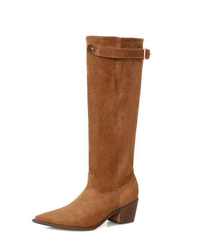 Splicing Chunky Boots Brown Cowhide Leather