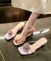 Splicing Floral Chunky Heel Purple Slide Sandals