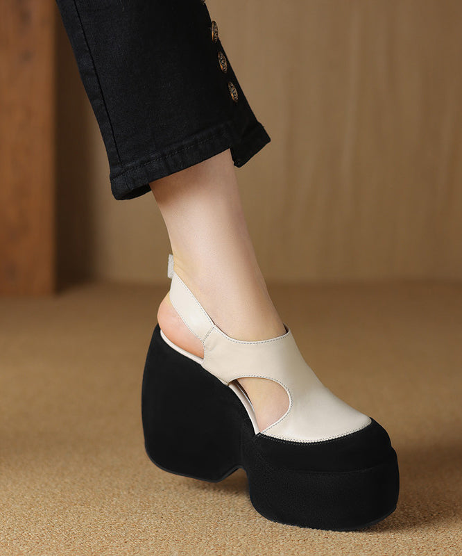 Cowhide White Leather Splicing Sandals Platform Hollow