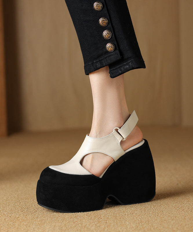 Cowhide White Leather Splicing Sandals Platform Hollow