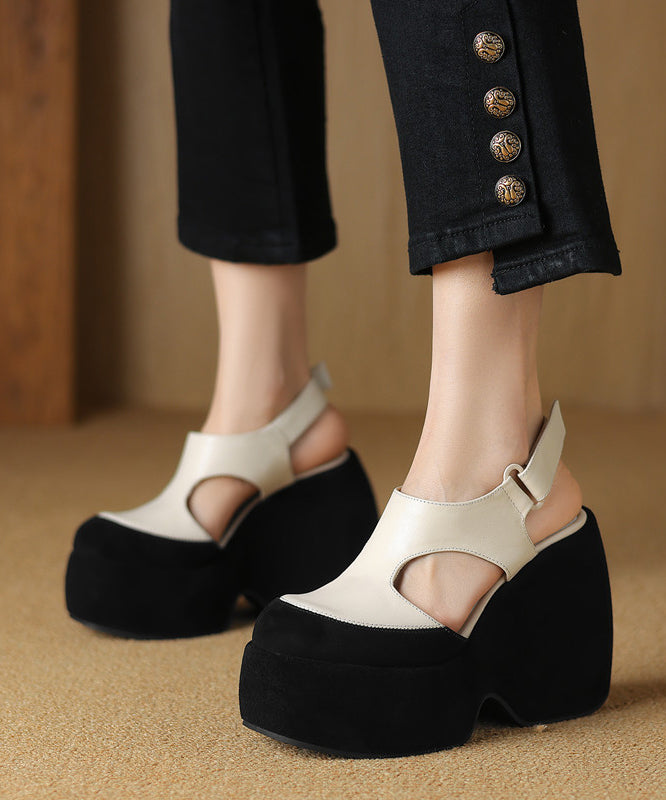 Cowhide White Leather Splicing Sandals Platform Hollow