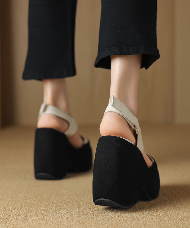 Cowhide White Leather Splicing Sandals Platform Hollow