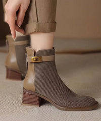 Zippered Splicing Chunky Boots Khaki Cowhide Leather