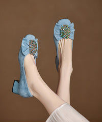 Splicing French Heel Black Bow Chunky Suede Zircon Shoes