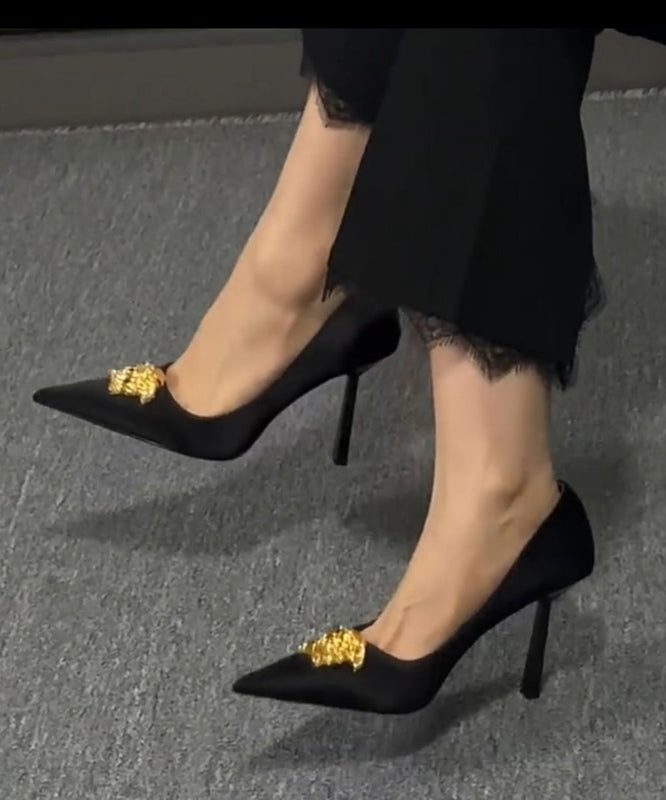 Pointed Splicing Toe French Heels Leather Black High Faux