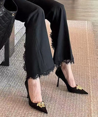 Splicing Heels Pointed Toe French Leather Black High Faux