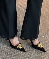 Splicing Heels Pointed Toe French Leather Black High Faux