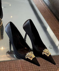 Splicing Heels Pointed Toe French Leather Black High Faux