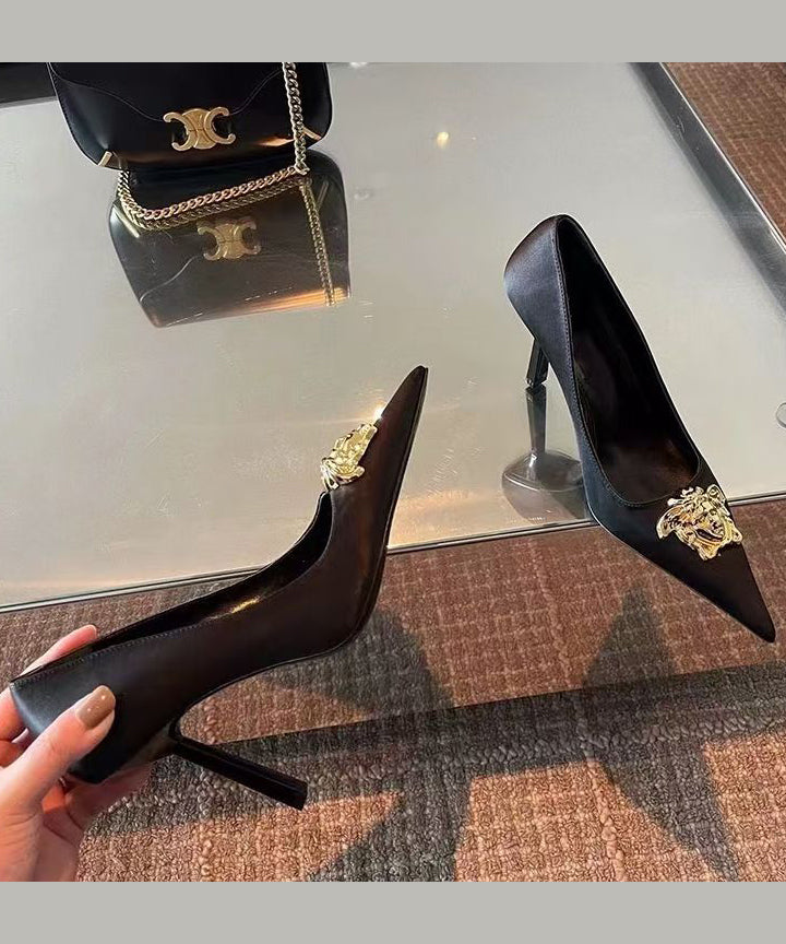Splicing Heels Pointed Toe French Leather Black High Faux