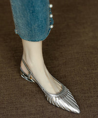 Cowhide Gold Sandals Pointed French Chunky Out Toe Hollow Leather