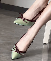 French Green Toe Stiletto Sandals Pointed Splicing Bow