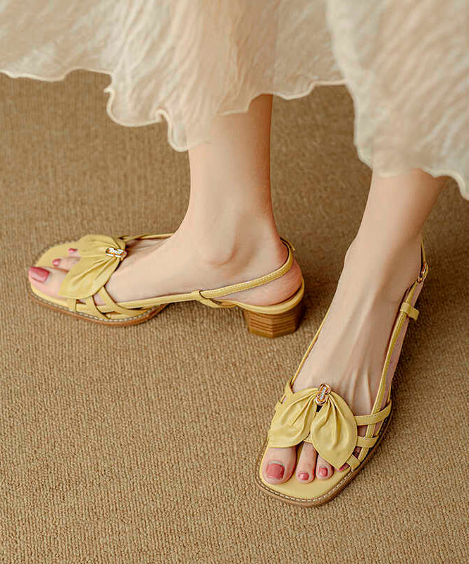 French Yellow Bow Hollow Out Chunky Sandals Peep